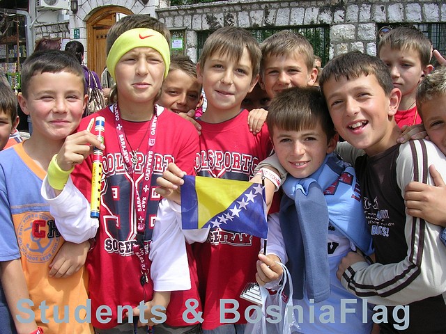 Students at the Turkish Bazaar with Bosnian Flag 
